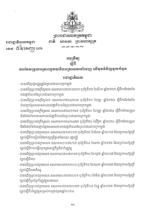 អនុក្រឹត្យលេខ ៥២ អនក្រ.បក ចុះថ្ងៃទី២៦ ខែមីនា ឆ្នាំ២០២៦ ស្តីពីការកែសម្រួលអត្រាពន្ធគយនិងអត្រាអាករនាំចេញ លើមុកទំនិញមួយចំនួន